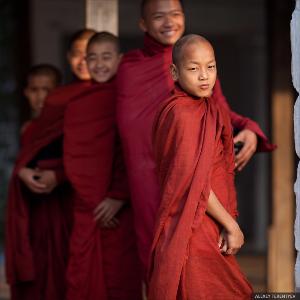 Рассвет над рисовыми полями и кормление монахов